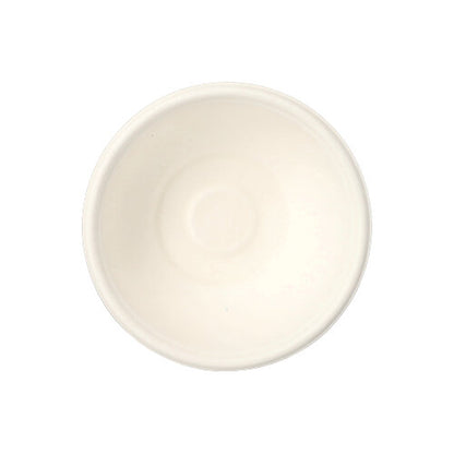 Un simple bol rond blanc vu d'en haut sur un fond blanc, rappelant les simples PAPSTAR 50 bols « pure » blanc en canne à sucre cultivée durablement de la PAPSTAR GmbH.