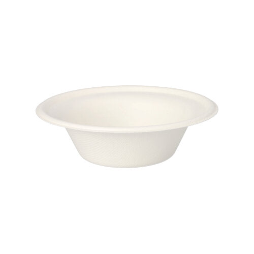 Les PAPSTAR GmbH 50 bols, canne à sucre « pure » blanc sont des bols jetables simples, blancs avec un bord large, fabriqués à partir de canne à sucre biodégradable et durable, représentés sur un fond blanc.