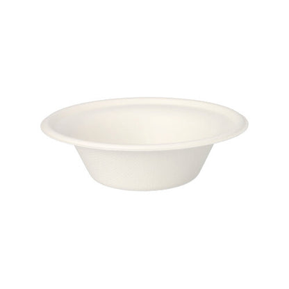 Les PAPSTAR GmbH 50 bols, canne à sucre « pure » blanc sont des bols jetables simples, blancs avec un bord large, fabriqués à partir de canne à sucre biodégradable et durable, représentés sur un fond blanc.