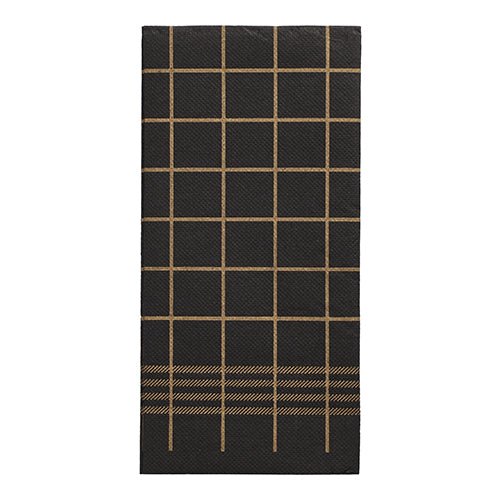 Die 30 Servietten "PUNTO" 2-lagig, 1/8-Falz, schwarz mit goldenem Gitter- und Banddesign (39x40 cm) der PAPSTAR GmbH sind Teil der hochwertigen Servietten-Kollektion und verfügen über eine Küchenhandtuch-Mikroprägung.