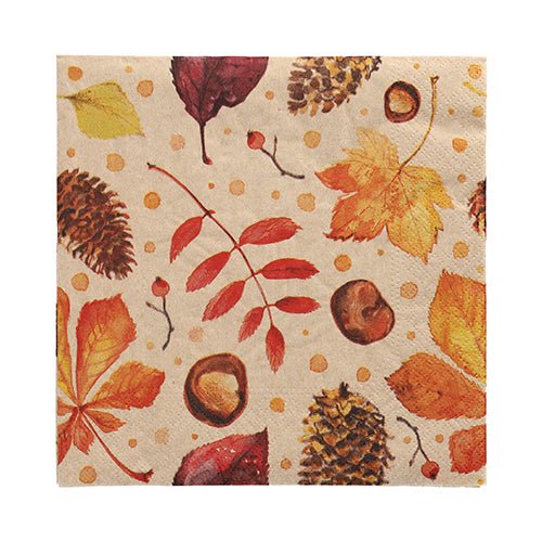 Les 20 serviettes PAPSTAR GmbH mesurent 33x33 cm, 3 couches et sont pliées en quart avec un motif automnal de pommes de pin, glands, marrons, baies rouges et feuilles orange-jaune sur un fond beige avec des points jaunes.