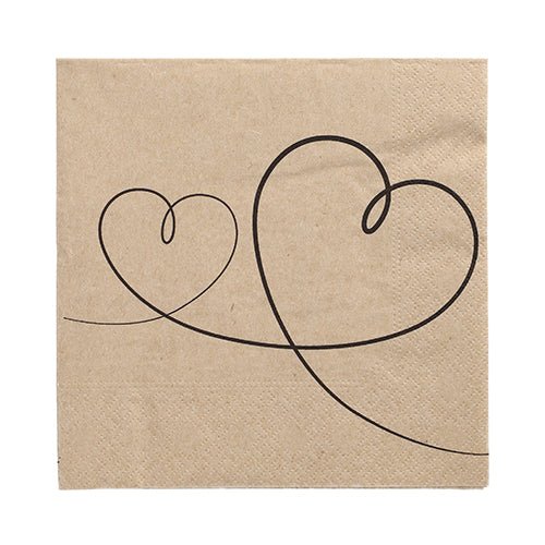 Les 20 serviettes PAPSTAR GmbH (33x33 cm, 3 couches, plié en 1/4, naturel) montrent deux formes de cœur bordées de noir - une petite et une grande - reliées par une ligne courbe ; des serviettes naturelles idéales avec un design charmant.