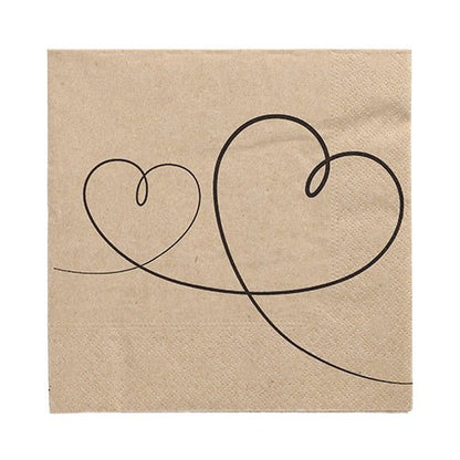 Les 20 serviettes PAPSTAR GmbH (33x33 cm, 3 couches, plié en 1/4, naturel) montrent deux formes de cœur bordées de noir - une petite et une grande - reliées par une ligne courbe ; des serviettes naturelles idéales avec un design charmant.