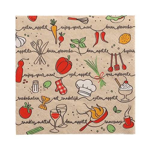 Les 20 serviettes PAPSTAR (33x33 cm, 3 couches, plié en 1/4, naturel) de PAPSTAR GmbH sont ornées d'illustrations colorées de nourriture et de cuisine et de phrases joyeuses comme "Bon appétit" et "Bon appétit".