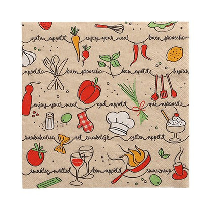 Les 20 serviettes PAPSTAR (33x33 cm, 3 couches, plié en 1/4, naturel) de PAPSTAR GmbH sont ornées d'illustrations colorées de nourriture et de cuisine et de phrases joyeuses comme "Bon appétit" et "Bon appétit".