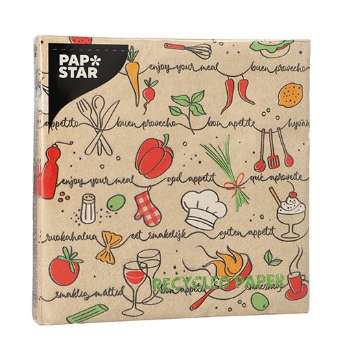 PAPSTAR GmbH 20 serviettes, 33x33 cm, 3 couches, plié en 1/4 naturel : des serviettes élégantes en papier recyclé avec des illustrations de nourriture dessinées à la main et "Bon appétit" dans de nombreuses langues sur un fond marron - parfait pour des moments de repas naturels.
