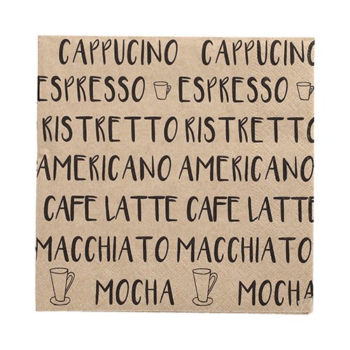 Les 20 serviettes de PAPSTAR GmbH (33x33 cm, 3 couches, plié en 1/4, naturel) sont ornées d'écritures de café noires et de motifs de tasses - des serviettes élégantes pour les cafés et les amateurs de café.