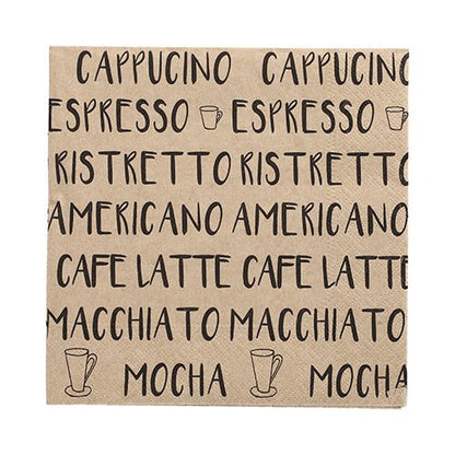 Les 20 serviettes de PAPSTAR GmbH (33x33 cm, 3 couches, plié en 1/4, naturel) sont ornées d'écritures de café noires et de motifs de tasses - des serviettes élégantes pour les cafés et les amateurs de café.