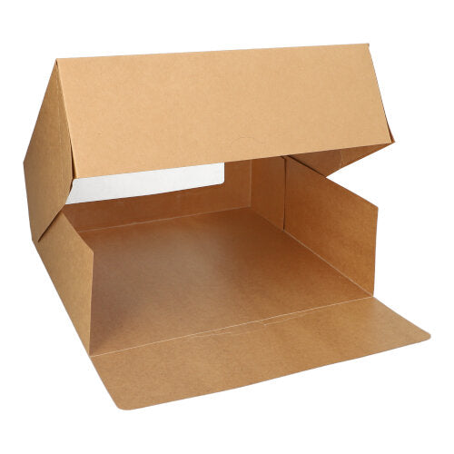 Ein PAPSTAR 25 Tortenkartons mit Deckel eckig mit Sichtfenster aus PLA der PAPSTAR GmbH wird mit geöffneten Klappen gezeigt und zeigt seinen leeren Innenraum auf weißem Hintergrund.