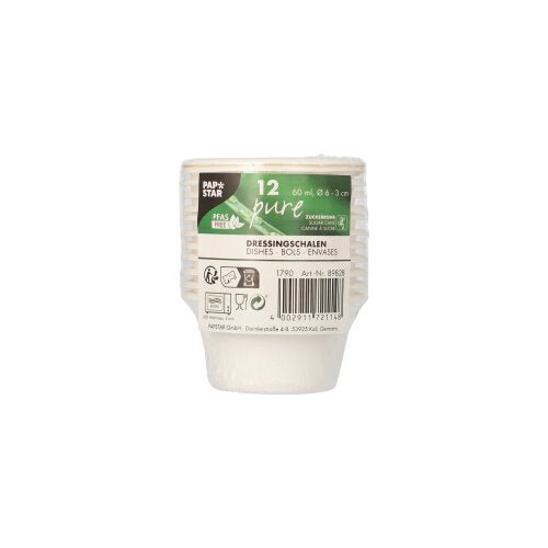 Der PAPSTAR Dressingschalen Zuckerrohr "pure" Ø 6 cm, weiß, 12er Set ist ein kleiner, weißer, gerippter Einwegbecher für Dressings (60 ml), umweltfreundlich & biologisch abbaubar, von PAPSTAR GmbH. Inklusive Barcodes und Recycling-Symbolen auf der eingeschweißten Verpackung (12 Stück).