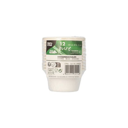 Der PAPSTAR Dressingschalen Zuckerrohr "pure" Ø 6 cm, weiß, 12er Set ist ein kleiner, weißer, gerippter Einwegbecher für Dressings (60 ml), umweltfreundlich & biologisch abbaubar, von PAPSTAR GmbH. Inklusive Barcodes und Recycling-Symbolen auf der eingeschweißten Verpackung (12 Stück).