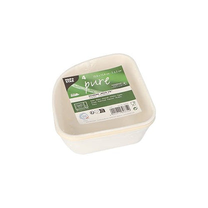 Ein Stapel aus vier weißen PAPSTAR „pure“ Belle Vie, Ligne Carrée Zuckerrohr-Schalen mit einem grün-weißen Etikett mit Produktinformationen und Recyclingsymbolen. Die biologisch abbaubaren Schalen stammen von der PAPSTAR GmbH und sind auf pflanzlicher Basis hergestellt.