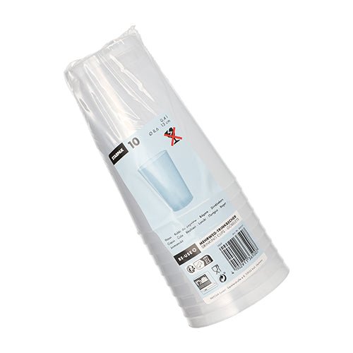 Le gobelet réutilisable Starpak 10 en PP translucide incassable de Starpak est livré dans un emballage en plastique avec des étiquettes de produit, des symboles de recyclage et un code-barres à l'extérieur.