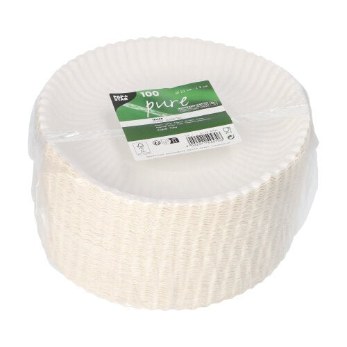 100 umweltfreundliche, runde PAPSTAR PAPPTELLER tief (Ø 22 cm) aus Pappe "pure" in Folienverpackung mit grün-weißem Etikett von PAPSTAR GmbH.