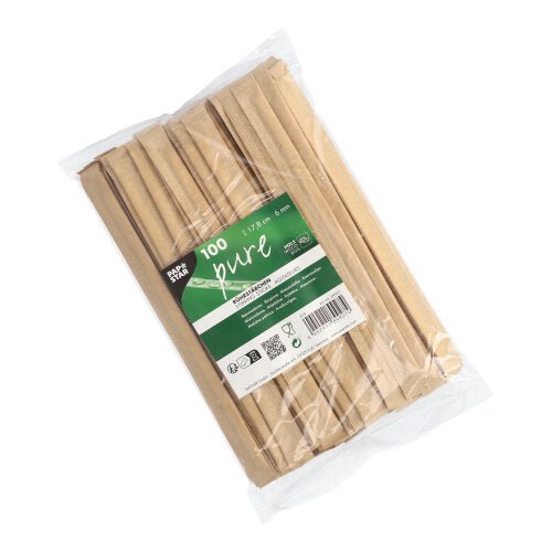 Eine durchsichtige Plastiktüte enthält 100 PAPSTAR Rührstäbchen Holz "pure" 17,8 cm, einzeln in Folie verpackt, jeweils mit einem grün-weißen PAPSTAR GmbH-Etikett auf der Vorderseite.