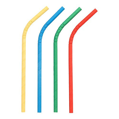 Vier flexible PAPSTAR Shake-Halme Papierstrohhalme (Ø 8 mm, 25 cm) in den Farben gelb, blau, grün und rot der PAPSTAR GmbH sind senkrecht nebeneinander auf weißem Grund angeordnet.