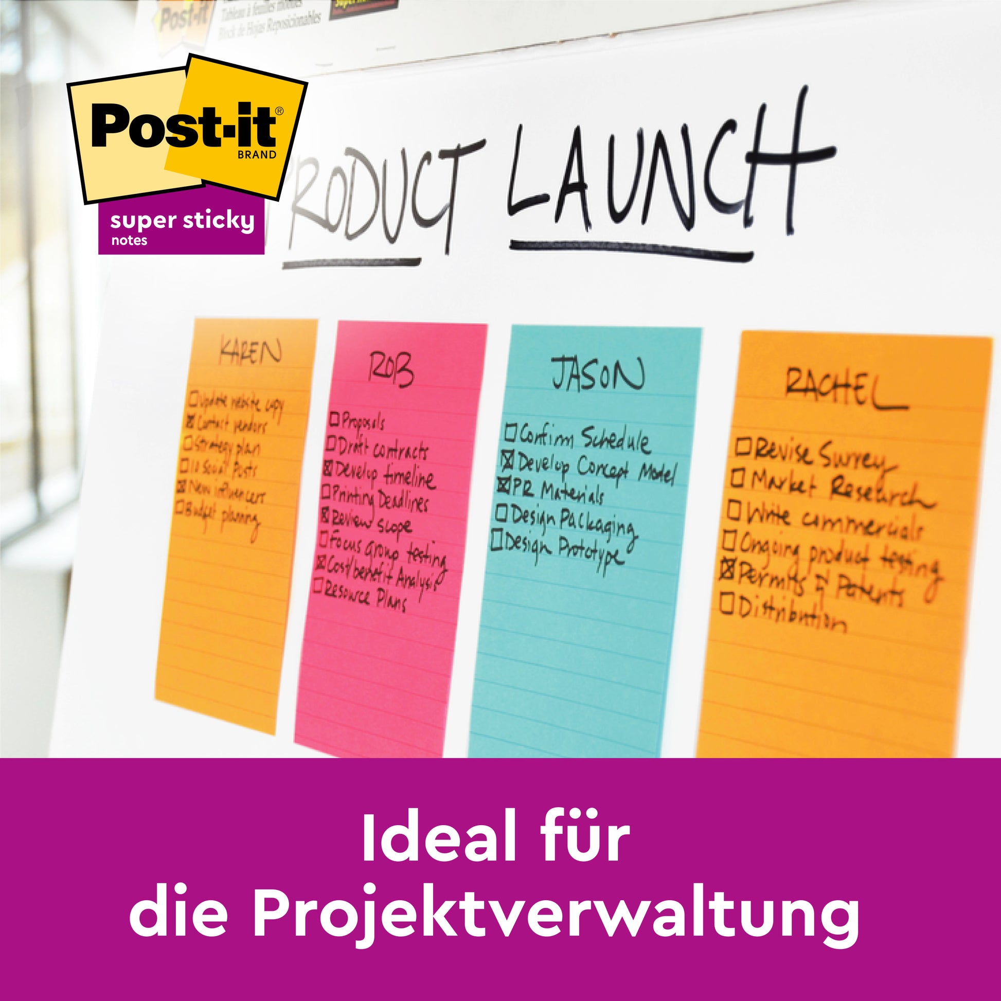 Ein Whiteboard zeigt einen "Product Launch"-Plan mit vier bunten Aufgabenlisten, jeweils auf Post-it® Super Sticky Z-Notes (101 x 101 mm, Gelb, liniert). Darüber erscheint ein Post-it-Logo. Der Text lautet: "Ideal für die Projektverwaltung." Marke: 3M Deutschland GmbH.