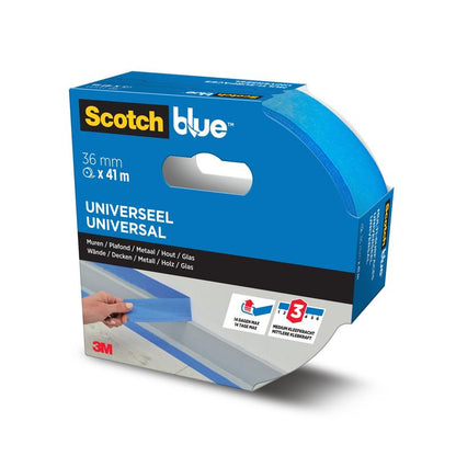 Un rouleau de ruban de masquage ScotchBlue™ "Multi-Surface" de 3M Deutschland GmbH, 36 mm x 41 m, dans un emballage bleu. L'emballage montre l'utilisation sur les murs, le métal, le bois et le verre, soulignant la compatibilité universelle.