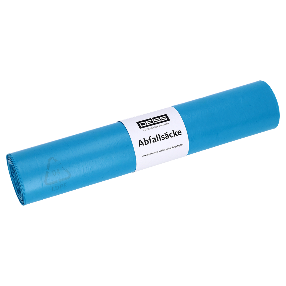 Abgebildet ist eine Rolle DEISS 90178 blaue Müllsäcke (600+260x1100x0,06 mm, 25 Stück) der EMIL DEISS KG (GmbH + Co.), fest verpackt mit einem weißen Etikett mit der Aufschrift "Abfallsäcke" und "DEISS" auf weißem Hintergrund.