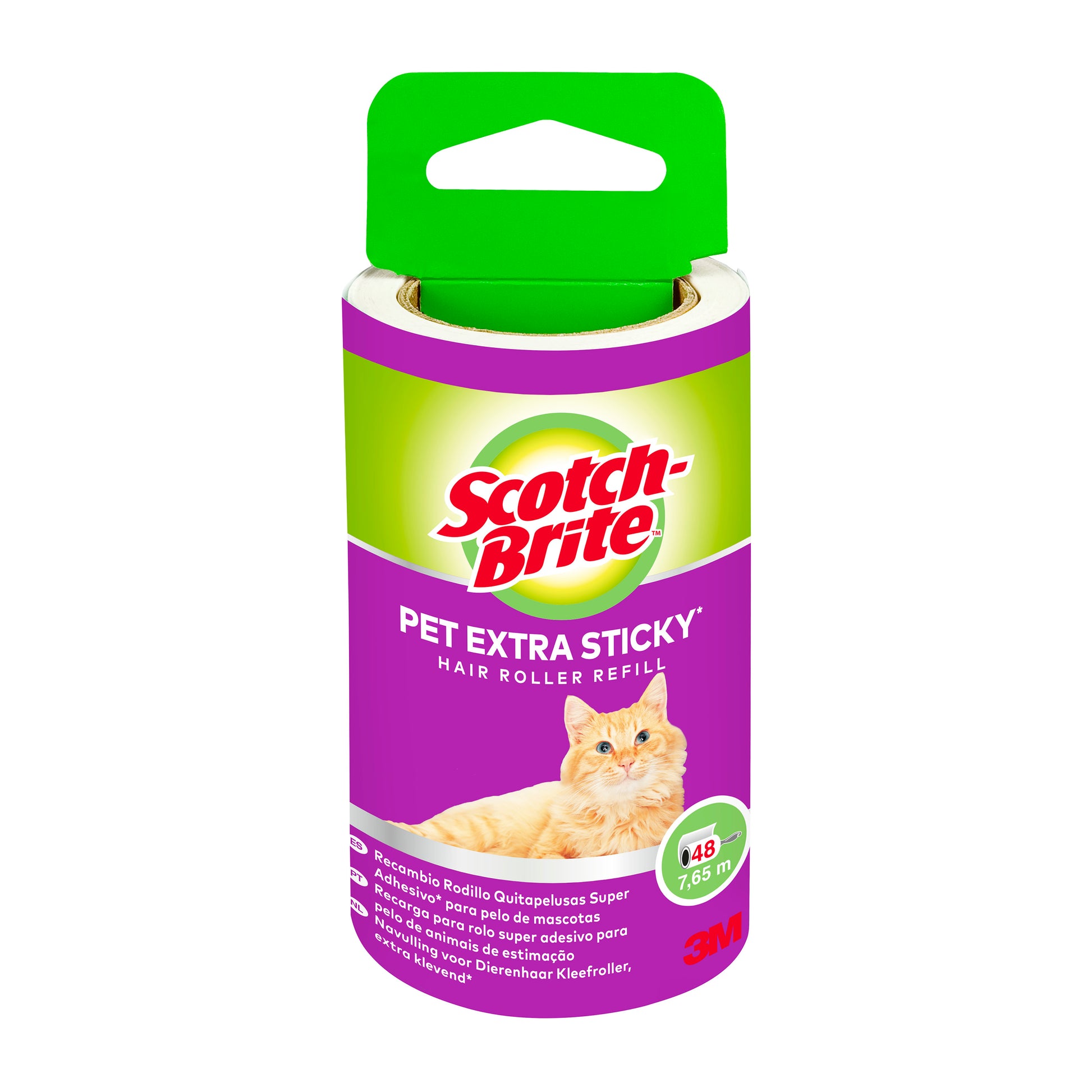 Eine Rolle Scotch-Brite™ Pet Extra Sticky* Ersatzrolle für Tierhaare (48 Blatt, 1 Stück) von 3M Deutschland GmbH, mit grünem und lila Etikett, auf dem eine orangefarbene Katze abgebildet ist, zum Entfernen von Tierhaaren.
