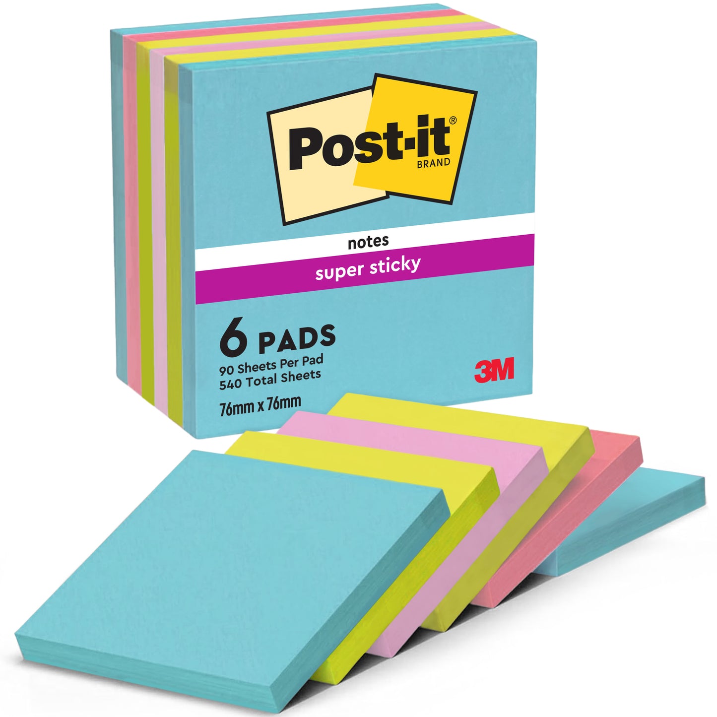 Un paquet de Post-it® Super Sticky Notes 3M (76mm x 76mm), 6 blocs de 90 feuilles chacun (540 au total), triés par couleur, certifiés 100% PEFC.