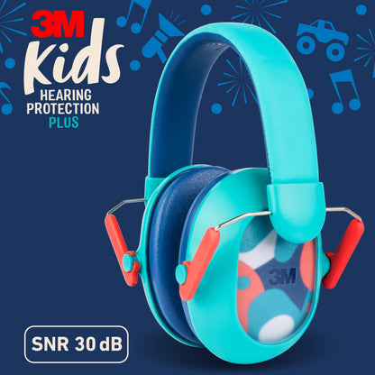 Ein Paar türkisfarbener 3M™ Gehörschutz für Kinder PKIDSP-TEAL-E (87-98 dB), von 3M Deutschland GmbH, mit roten Akzenten, dargestellt auf einem blauen Hintergrund mit Musiknoten. Text: "3M Kids Hearing Protection Plus", "SNR 30 dB".