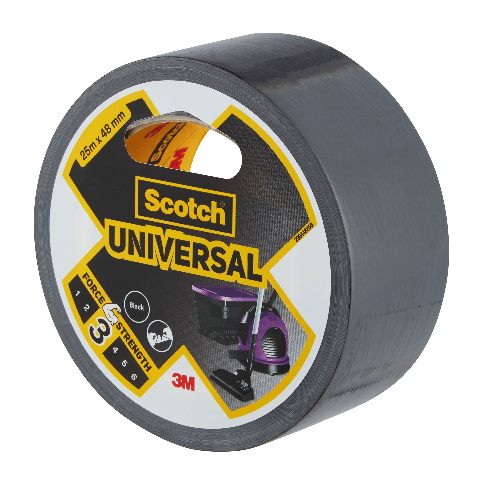 Eine Rolle Scotch® Universal Klebeband 2904, 25 m x 48 mm von 3M Deutschland GmbH, mit einem Etikett mit dem Markennamen, dem Produktnamen, der Bandgröße, der Kraftstufe 3 und dem 3M Logo.