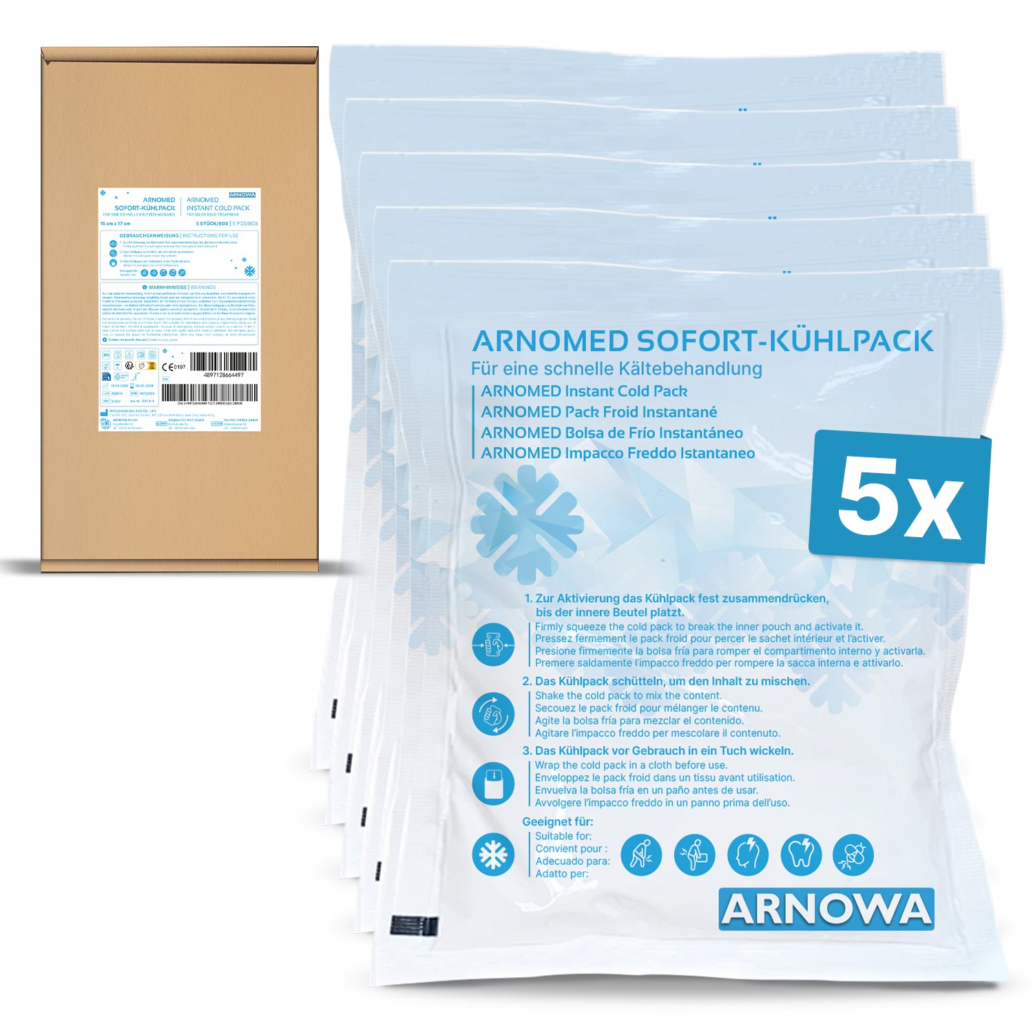 Fünf ARNOMED SOFORTKÄLTEKOMPRESSE der ARNOWA GmbH sind vor ihrem Verpackungskarton abgebildet. Die Packungen haben mehrsprachige Etiketten und ein blaues "5x" für die Menge, während die Schachtel Produktdetails und Barcodes zeigt.