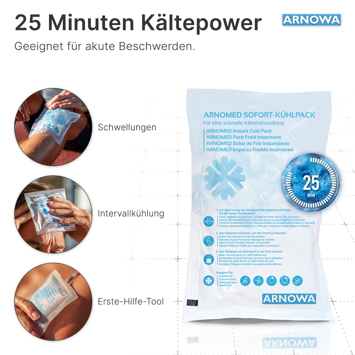 Die ARNOMED SOFORTKÄLTEKOMPRESSE der ARNOWA GmbH wird in ihrer Verpackung mit deutschem Text über Schwellungen, Intervallkühlung und Erste Hilfe gezeigt. Drei Bilder zeigen Hände, die die Kältepackung auf verschiedene Körperstellen auflegen.