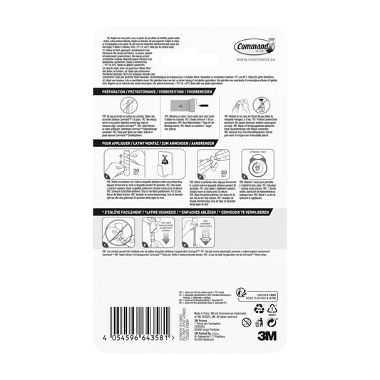 Rückseite einer 3M Command™ Metallhaken Größe S, Goldfarbe (17032BR-4ES) Packung mit mehrsprachiger Schritt-für-Schritt-Anleitung mit Abbildungen, Barcode, 3M Deutschland GmbH Logo und Produktinformationen in schwarz-weiß. Enthält 4 Haken & 5 Strips.