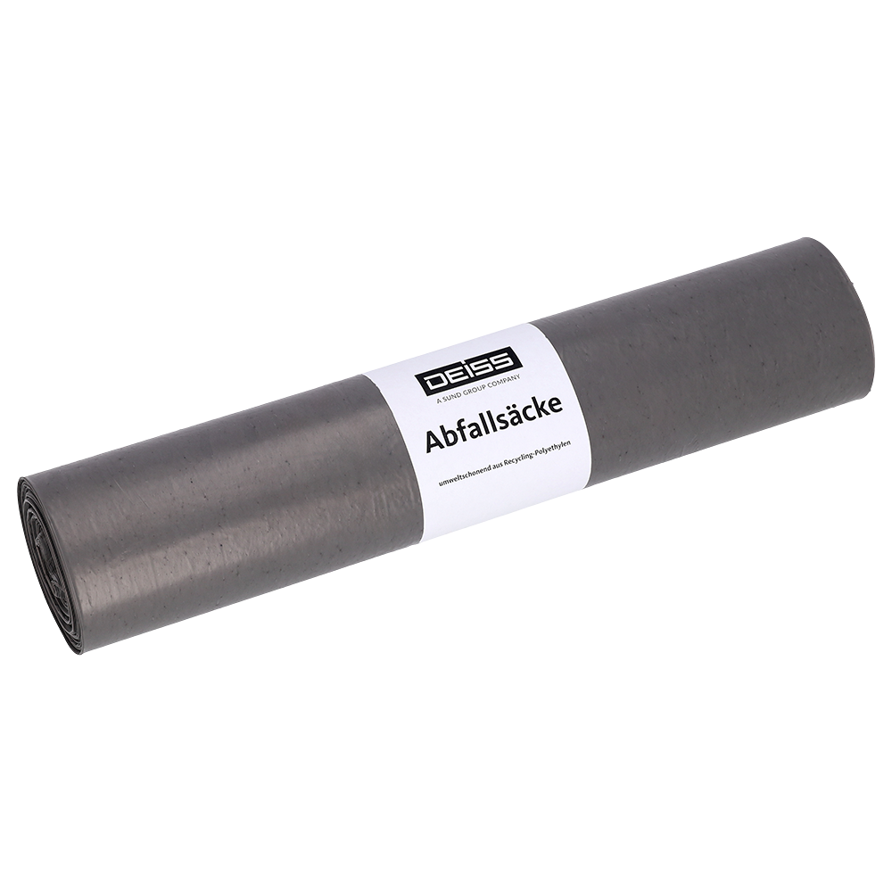 L'image montre un rouleau de sacs poubelle EMIL DEISS KG DEISS en LDPE recyclé de 60 l - gris (25 pièces) avec une étiquette blanche sur fond blanc.