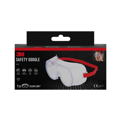 Une boîte de lunettes de protection 3M™ Classic 4700 de 3M Deutschland GmbH, directement ventilée avec une lentille transparente et une bande rouge. Dans le coin supérieur droit apparaissent des symboles de sécurité et l'image d'une personne portant la protection oculaire.
