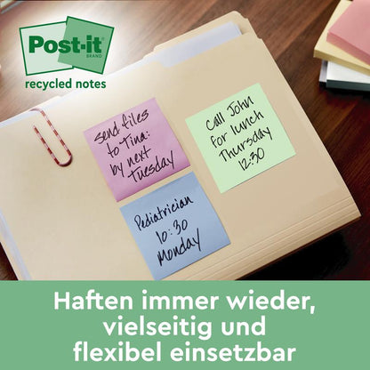 Un dossier avec trois notes de recyclage Post-it® (76 mm x 127 mm, 100 feuilles, 100% PEFC de 3M Deutschland GmbH) rappelant de "envoyer les dossiers à Tina avant mardi prochain", "lundi 10h30 rendez-vous chez le pédiatre" et "jeudi 12h30 appeler John pour déjeuner".