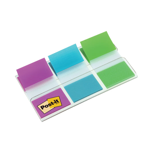 Der 3M Deutschland GmbH Post-it® Index Haftstreifen, Standard (25,4 x 43,2 mm), enthält 60 Streifen in verschiedenen Farben im transparenten Spender mit gelbem Logo - ideal für effiziente Dokumentenorganisation.