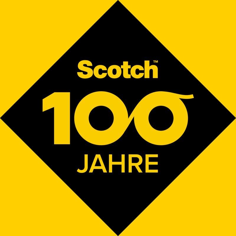 Eine gelb-schwarze Grafik mit dem Scotch-Logo, einer stilisierten "100", die ein Unendlichkeitssymbol bildet, und "JAHRE" darunter feiert 100 Jahre Scotch® Crystal Klebeband (19mm x 25m + 5m gratis) der 3M Deutschland GmbH.