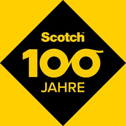 Eine gelb-schwarze Grafik mit dem Scotch-Logo, einer stilisierten "100", die ein Unendlichkeitssymbol bildet, und "JAHRE" darunter feiert 100 Jahre Scotch® Crystal Klebeband (19mm x 25m + 5m gratis) der 3M Deutschland GmbH.