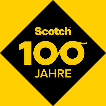 Ein gelb-schwarzes Logo mit "Scotch" über "100" feiert 100 Jahre Scotch® doppelseitiges Klebeband (12,7 mm x 7,89 m) von 3M Deutschland GmbH. Das Design zeigt eine schwarze Raute auf gelbem Grund, darunter steht "JAHRE".