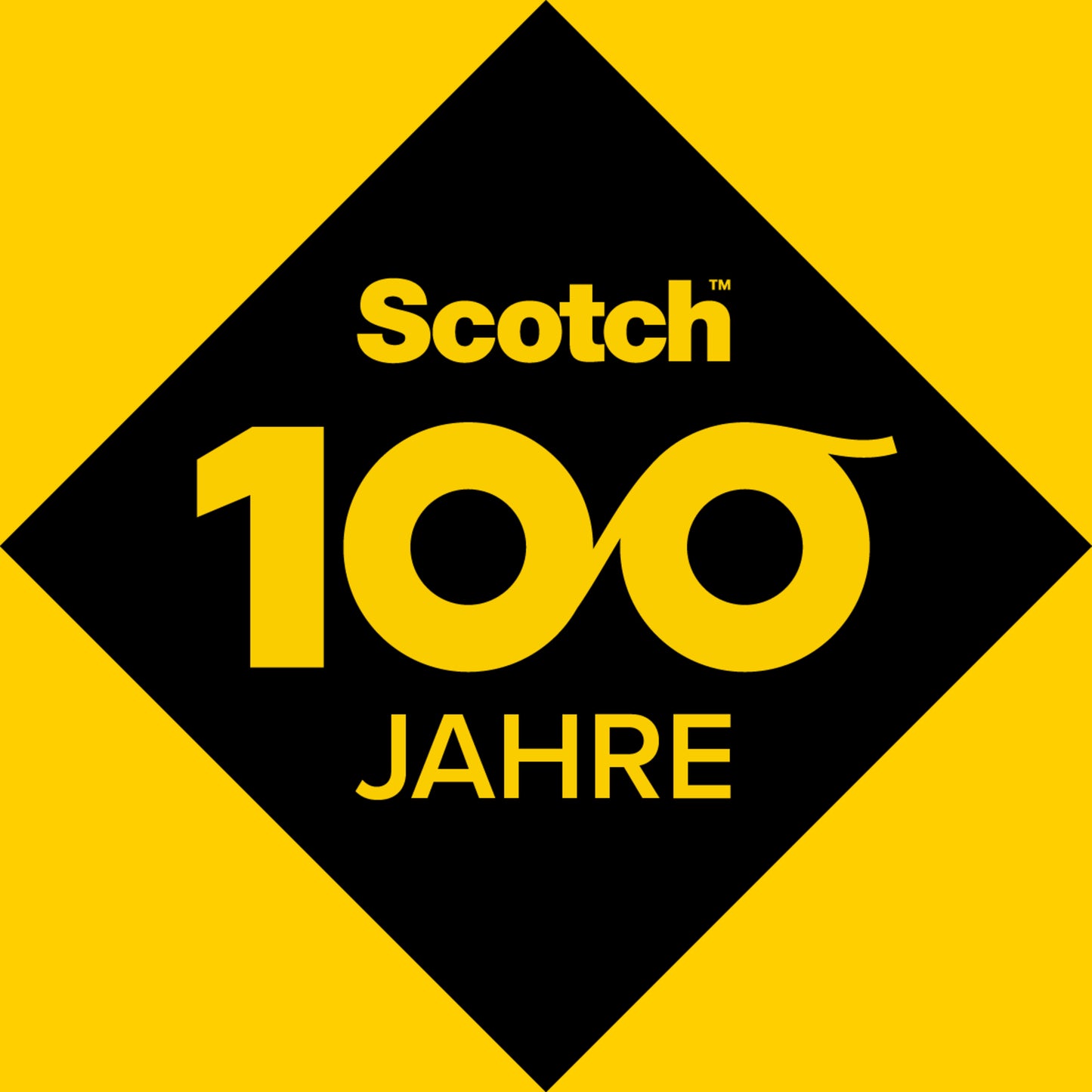 Eine schwarze Raute auf gelbem Grund zeigt oben "Scotch", unten "100" und "JAHRE", zum 100-jährigen Bestehen des 3M Deutschland Scotch® Permanent-Klebestiftes, Aufsteller mit 12 Stiften, 40 g.