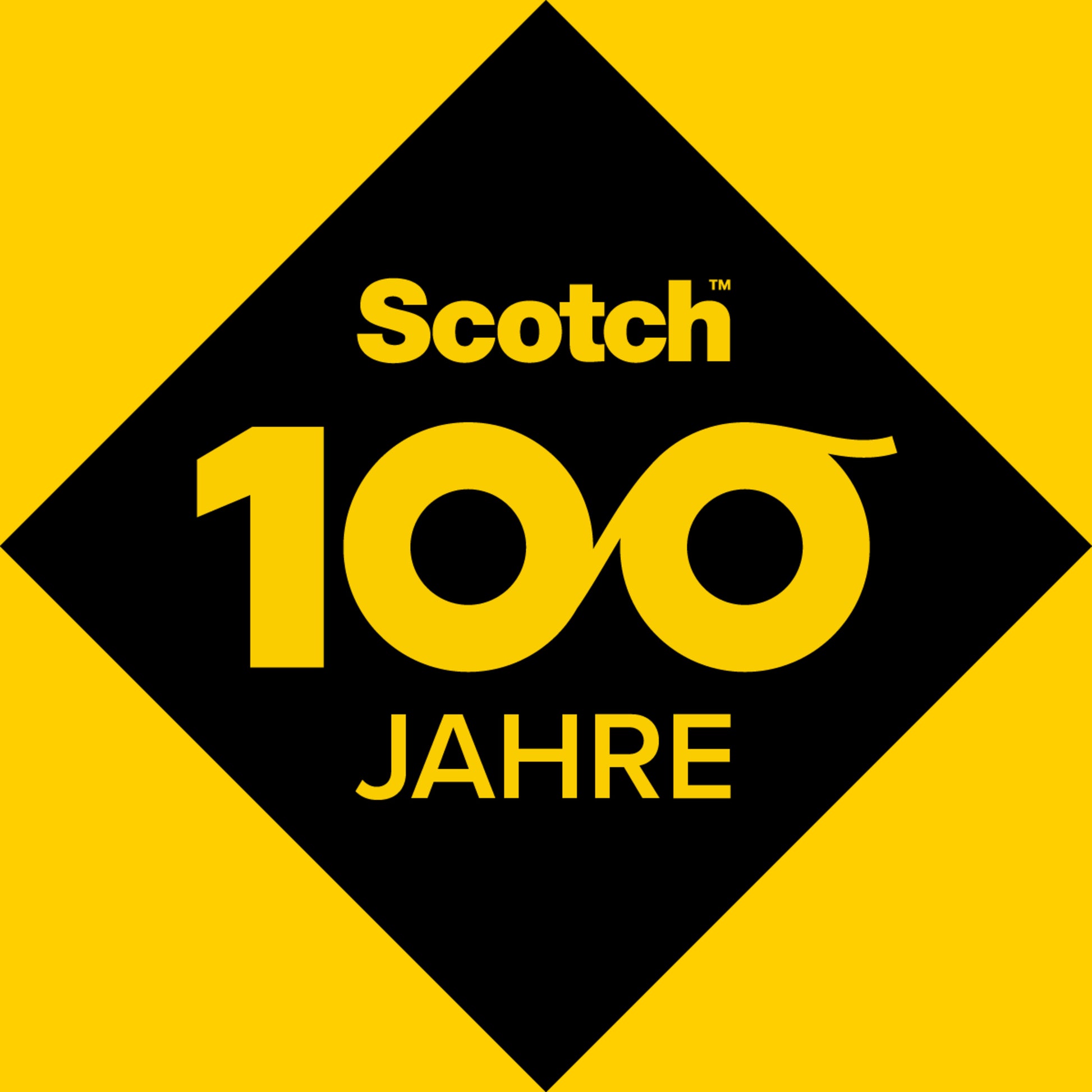 Ein gelb-schwarzes Logo mit dem Schriftzug "Scotch 100 Jahre" und einer unendlichen 100 feiert das 100-jährige Bestehen des Scotch® Allzweck-Klebebandes (48 mm x 66 m) der 3M Deutschland GmbH.
