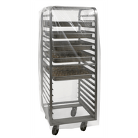 La photo représente une grille de cuisson métallique vide montée sur roulettes, recouverte des housses pour chariots à claies DEISS 99823 (950+750 x 1 800 x 0,025 mm) de la société EMIL DEISS KG : cette housse transparente offre une protection hygiénique et est idéale pour une utilisation industrielle.