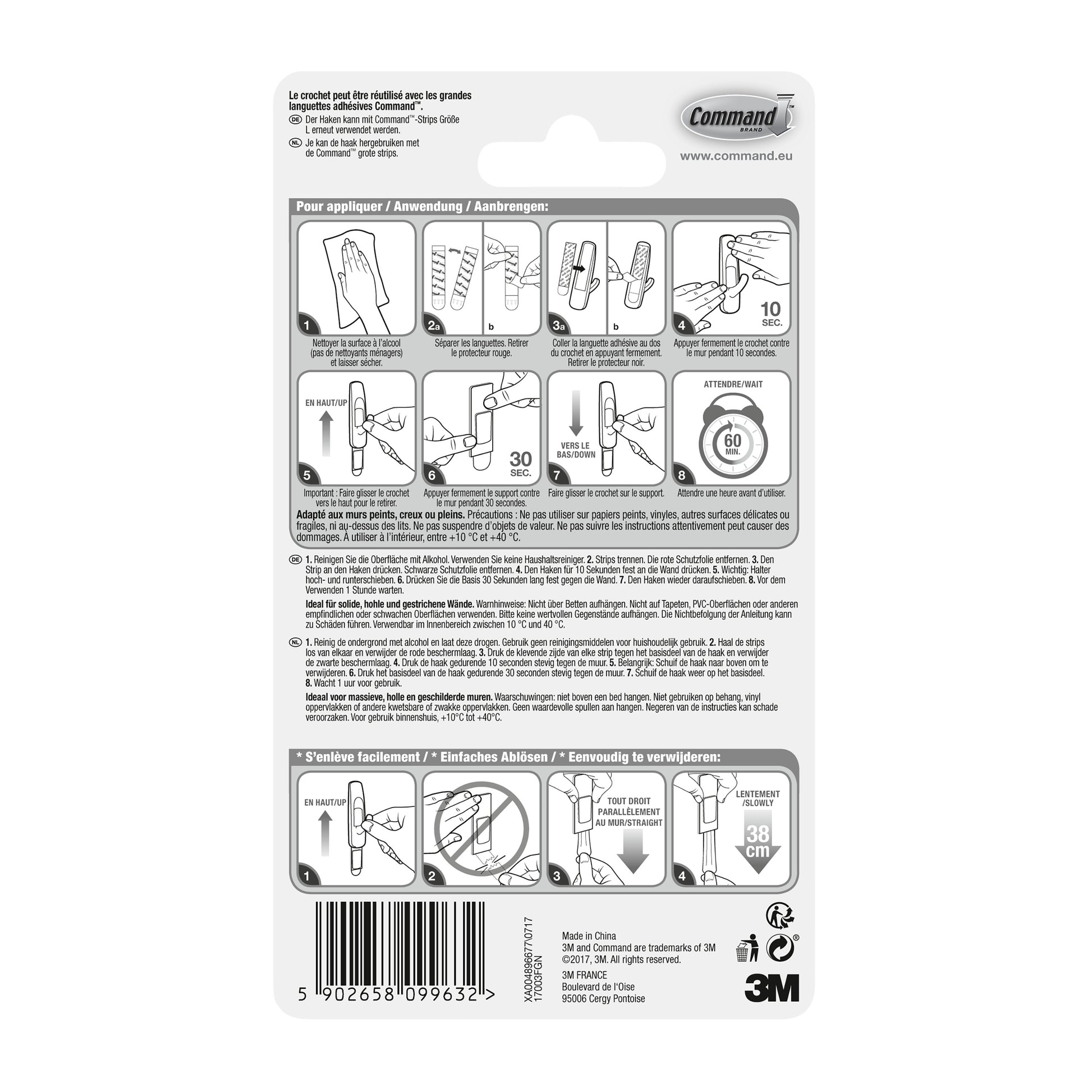 Die Rückseite der Command™ Large Universal-Haken, 17003-FGN (1 Stück, 3M Deutschland GmbH) Packung zeigt eine bebilderte Schritt-für-Schritt-Anleitung zum Anbringen/Entfernen der Streifen, mit französischem, deutschem und niederländischem Text. Produktdaten und Barcode unten.