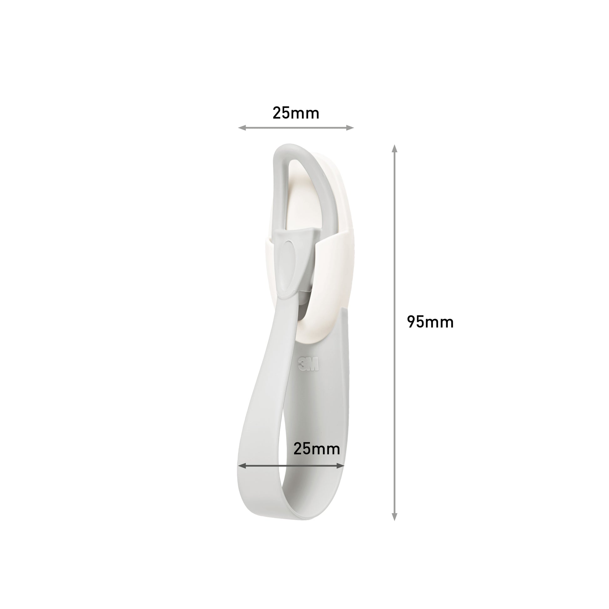 Der Command™ Kabelhalter, 17304-FR von 3M Deutschland GmbH ist ein weiß-grauer Kunststoffhaken mit Clip (95 x 25 mm), abgebildet vor weißem Hintergrund mit Maßlinien und Beschriftungen. Die Packung enthält 1 Stück.