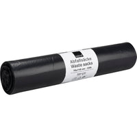 Eine Rolle schwarzer LDPE-Abfallsäcke der Abena Re-Seller GmbH (120 L, 700x1100mm, 34 my, 25 Säcke) trägt ein weißes Etikett mit Marke, Größe und Fassungsvermögen in Deutsch und Englisch.