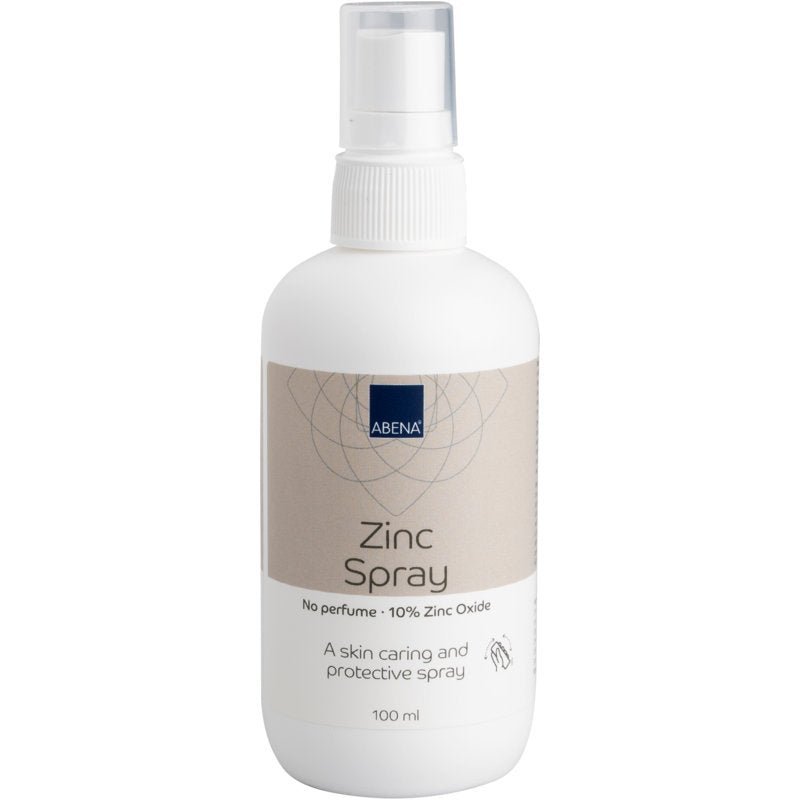 Un flacon pulvérisateur en plastique blanc de 100 ml avec l'inscription "Spray de zinc, 10% oxyde de zinc" de Abena Re-Seller GmbH. L'étiquette indique "Sans parfum" et fait la promotion des soins et de la protection de la peau. Disponible en carton de 6. Idéal pour une application douce.