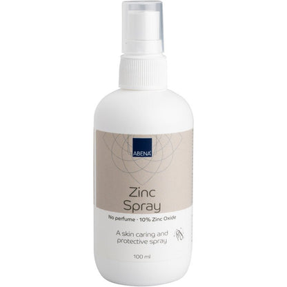 Un flacon pulvérisateur en plastique blanc de 100 ml avec l'inscription "Spray de zinc, 10% oxyde de zinc" de Abena Re-Seller GmbH. L'étiquette indique "Sans parfum" et fait la promotion des soins et de la protection de la peau. Disponible en carton de 6. Idéal pour une application douce.