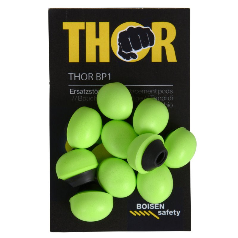 Un paquet de "Thor Refill pour protection auditive à arceau (812011)" de la société Abena Re-Seller GmbH contient 60 bouchons de protection auditive de rechange vert clair avec des anneaux noirs, qui sont placés sur une carte noire avec le logo de sécurité BOISEN en bas.