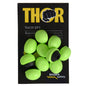 Un paquet de "Thor Refill pour protection auditive à arceau (812011)" de la société Abena Re-Seller GmbH contient 60 bouchons de protection auditive de rechange vert clair avec des anneaux noirs, qui sont placés sur une carte noire avec le logo de sécurité BOISEN en bas.