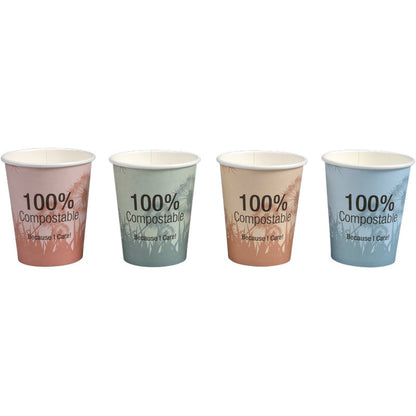Quatre tasses à café pastel compostables "Dandelion" de Abena Re-Seller GmbH avec un design écologique et l'inscription "100% Compostable Because I Care!" offrent un plaisir élégant et durable.