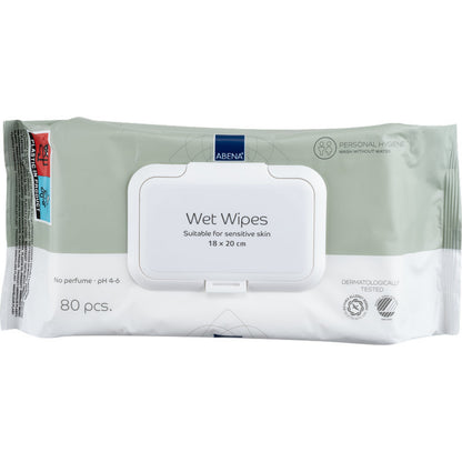 Eine Packung mit 80 Abena Re-Seller GmbH Feuchtpflegetüchern (18x20 cm, weiß) mit wiederverschließbarem Deckel; parfümfrei, pH 4-6, dermatologisch getestet - ideal für die schonende Reinigung unterwegs.