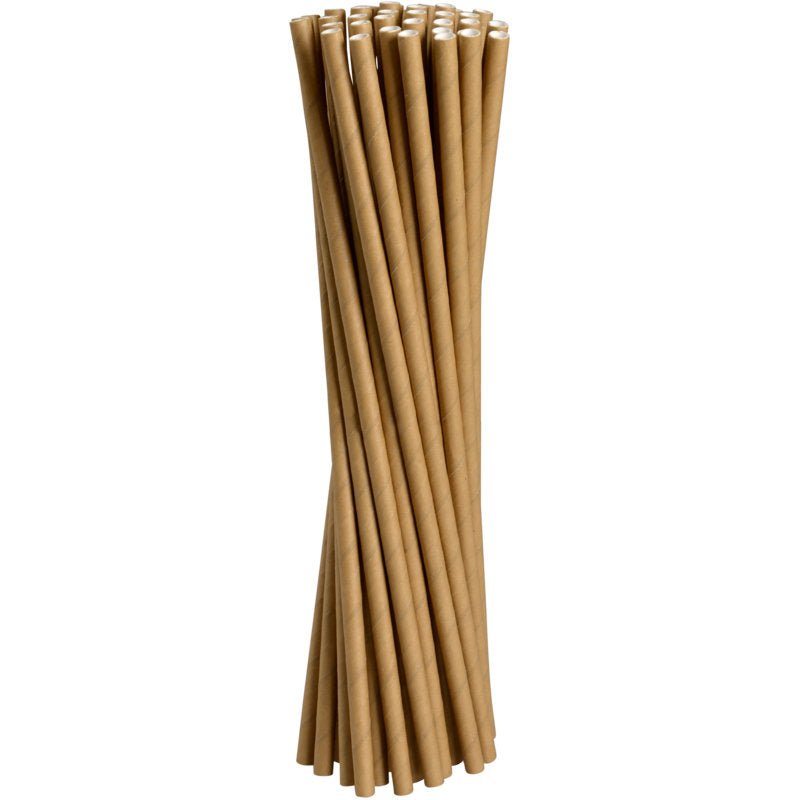 Un paquet de 250 pailles en papier marron Abena Re-Seller GmbH (19,5 cm, ø 6 mm) se tient debout sur un fond blanc, leurs extrémités sont légèrement irrégulières et étroitement alignées.
